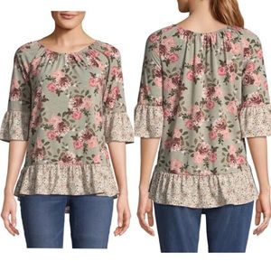 Come Blu - Elbow Sleeve Floral Ruffle Top